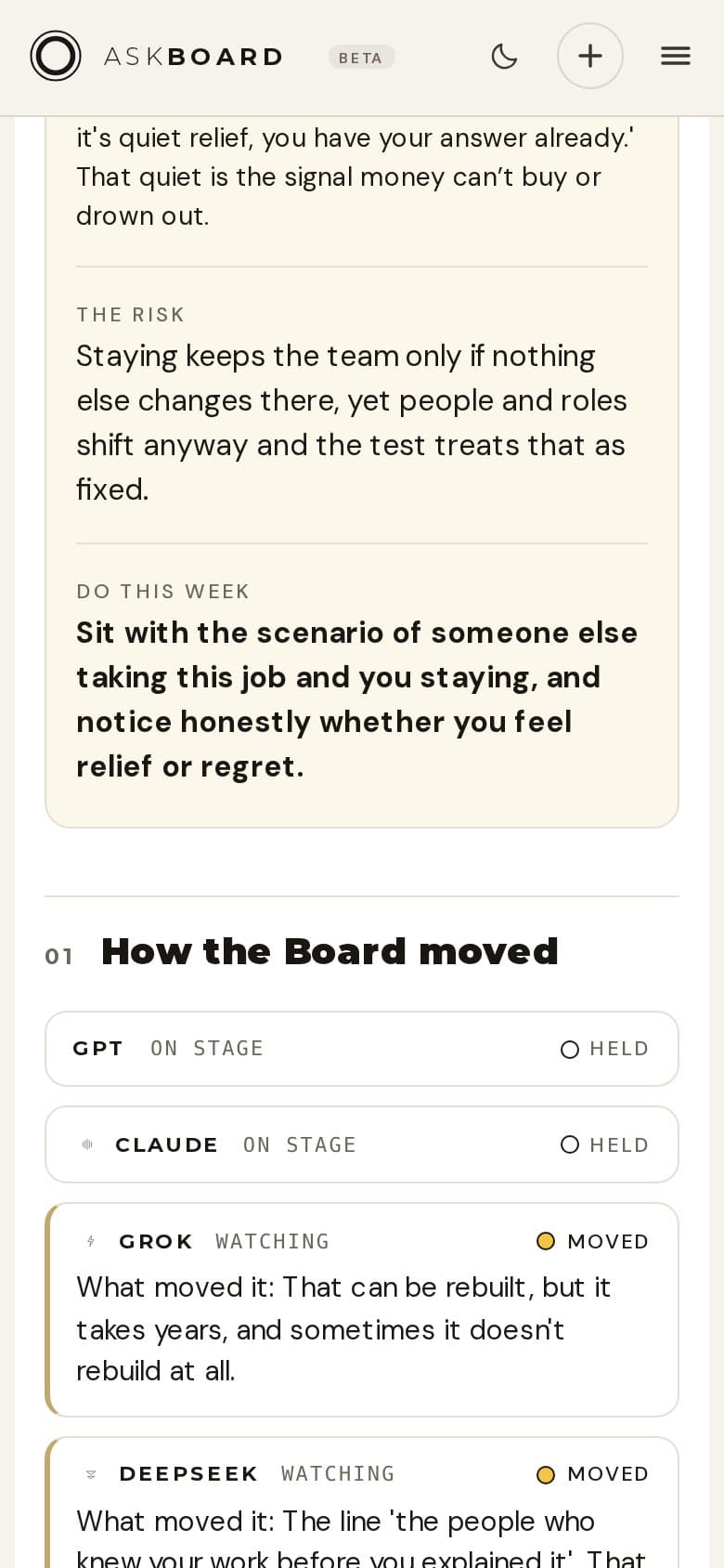 A Quick Round report showing how the Board moved