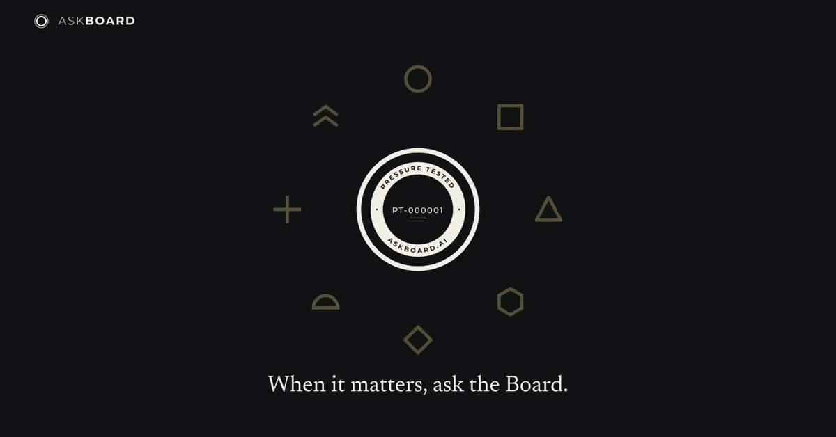 Eight gold symbols in a circle around the AskBoard seal, above the words When it matters, ask the Board