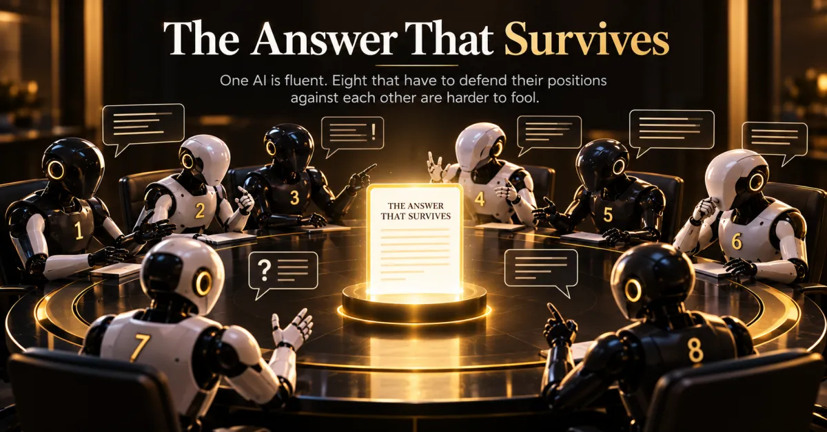 Eight robots numbered one to eight argue around a round table, with the answer that survives glowing at the center