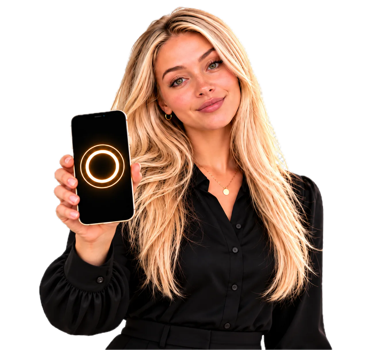 Gigi holding up a phone that shows the AskBoard ring